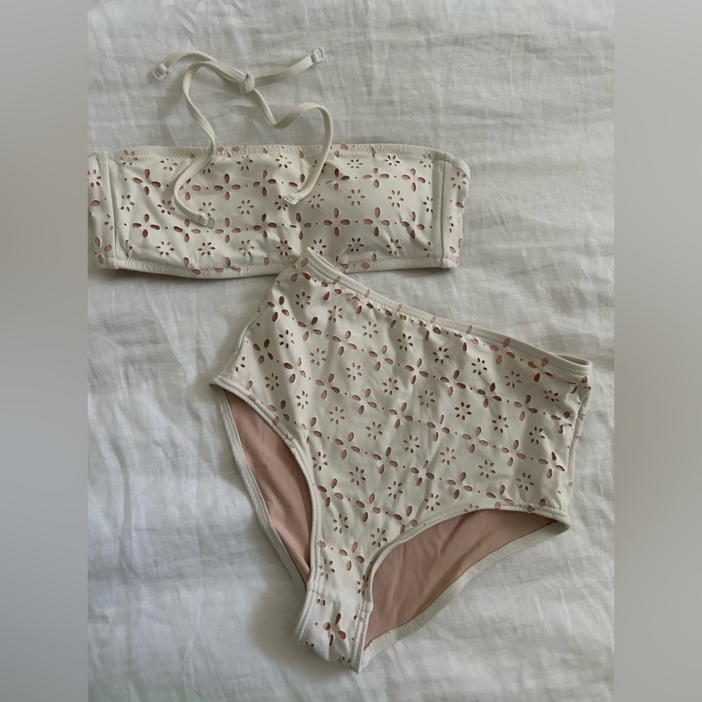 J. Crew Cream and White Eyelet Bandeau Bikini
